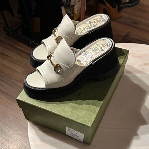 Gucci White and Black Platform Mules